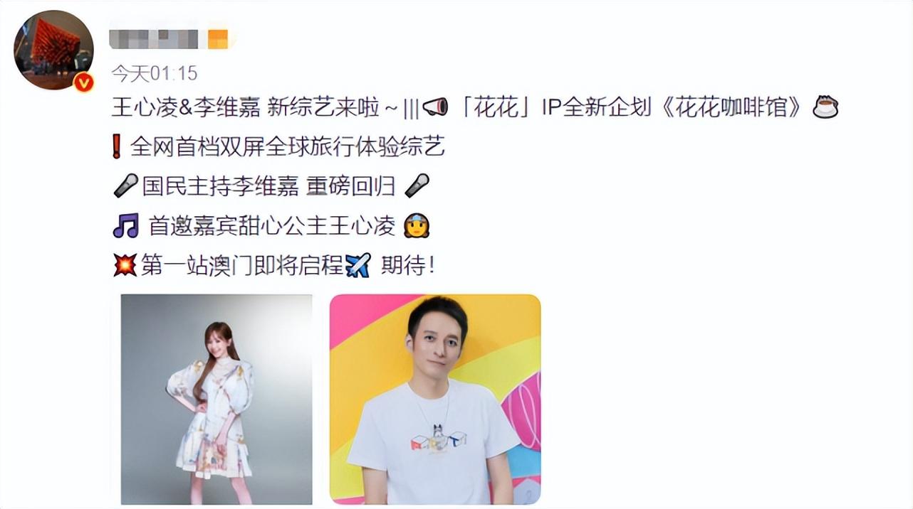 李维嘉正式回归，搭档王心凌主持新综艺，本人发动态透露好心情