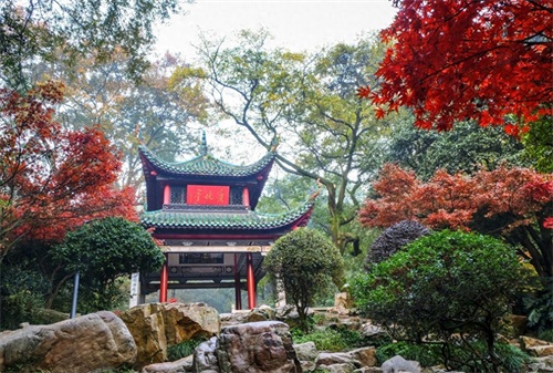 爱晚亭位于湖南省长沙市岳麓山下清风峡，并称中国四大名亭